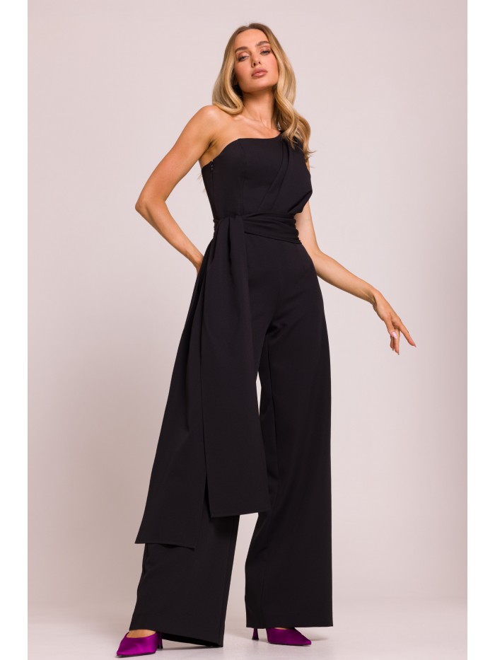 One shoulder jumpsuit with a sash black